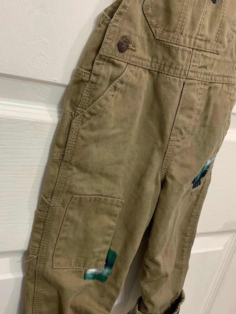 OshKosh B'gosh Khaki Twill Navy Green Plaid 18 Months Overalls 3897
